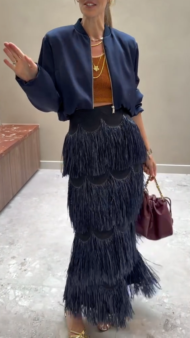 Women's Satin Baseball Jacket + Multi-Layered Fringed Midi Skirt Set