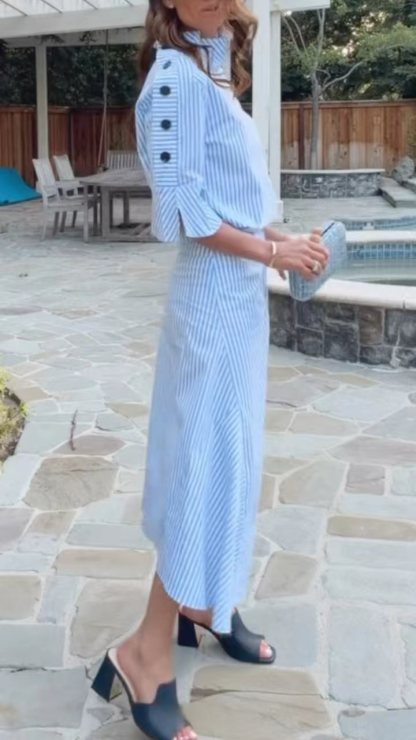 Blue Striped Turtleneck Flare Sleeve Irregular Midi Skirt Two Piece Outfit