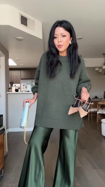 Chocolate Brown Oversized Sweater with Satin Wide - Leg Pants Set