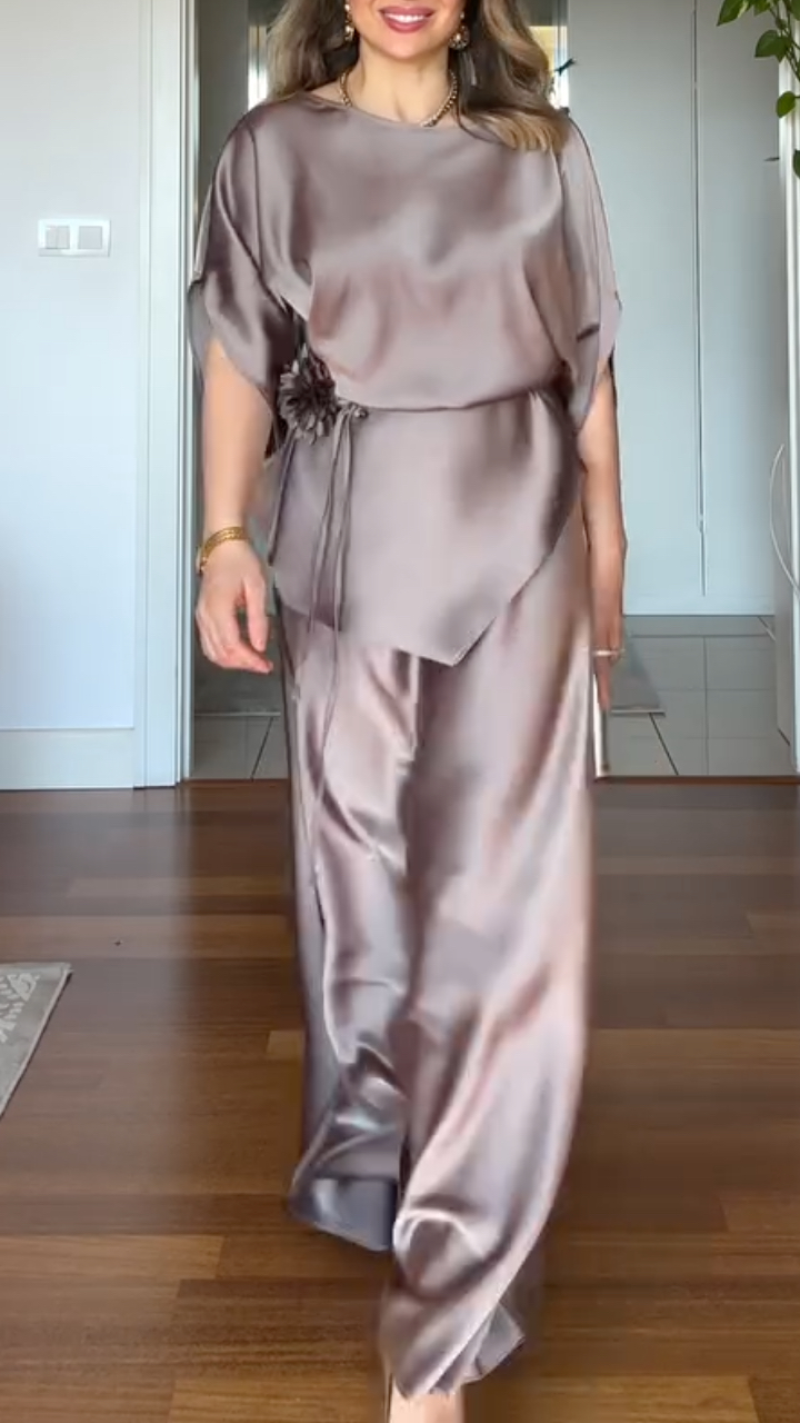 Women's Round Neck Satin Waist-Cinching Elegant Suit