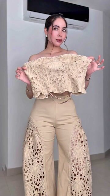 Beige Strapless Lace - Detailed Corset Top and Wide - Leg Pants Set