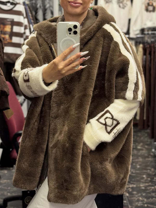 Women Plush Hooded Vertical Stripe Printed Casual Coat