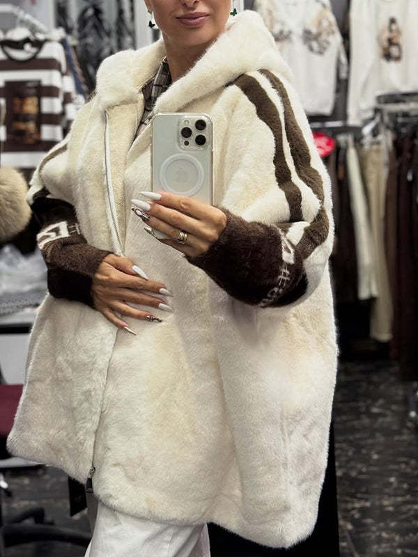 Women Plush Hooded Vertical Stripe Printed Casual Coat