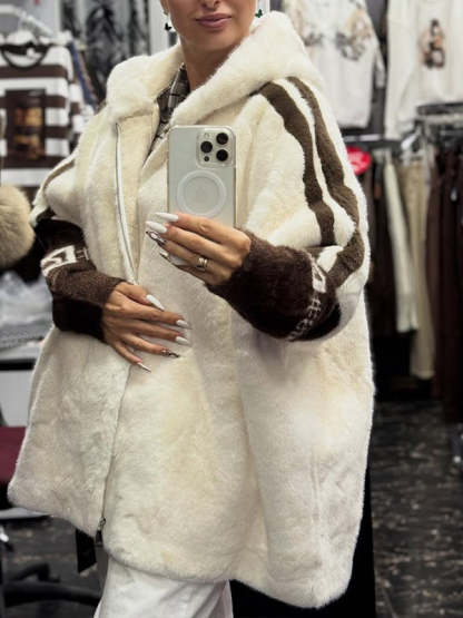 Women Plush Hooded Vertical Stripe Printed Casual Coat