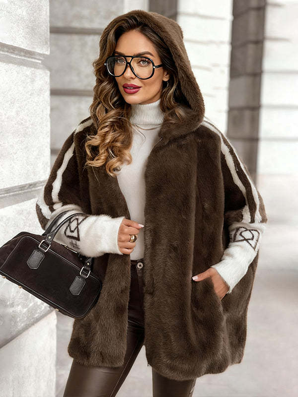 Women Plush Hooded Vertical Stripe Printed Casual Coat