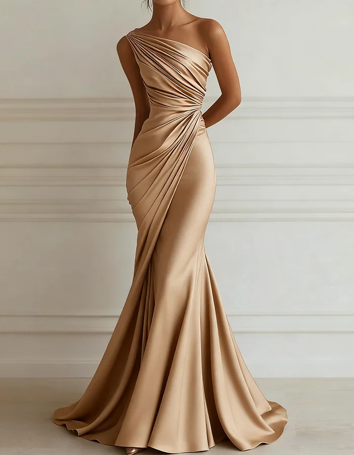 One Shoulder Ruched Satin Mermaid Gown