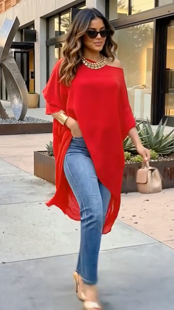 Off‐Shoulder Sheer Long Tunic