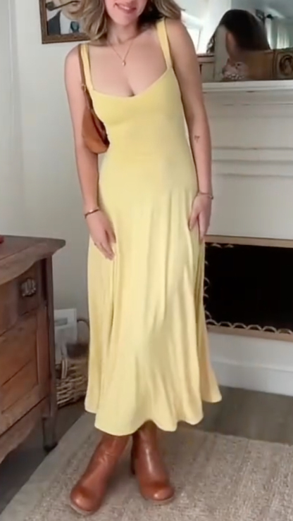 Yellow Sweetheart Neck Ruched Sleeveless Midi Dress