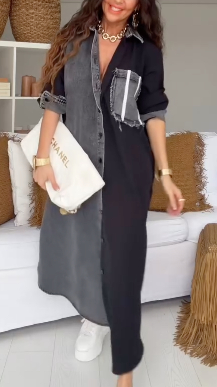 Women's Long Shirt Dress With Denim Patchwork Collar