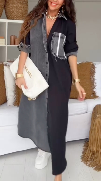 Women's Long Shirt Dress With Denim Patchwork Collar