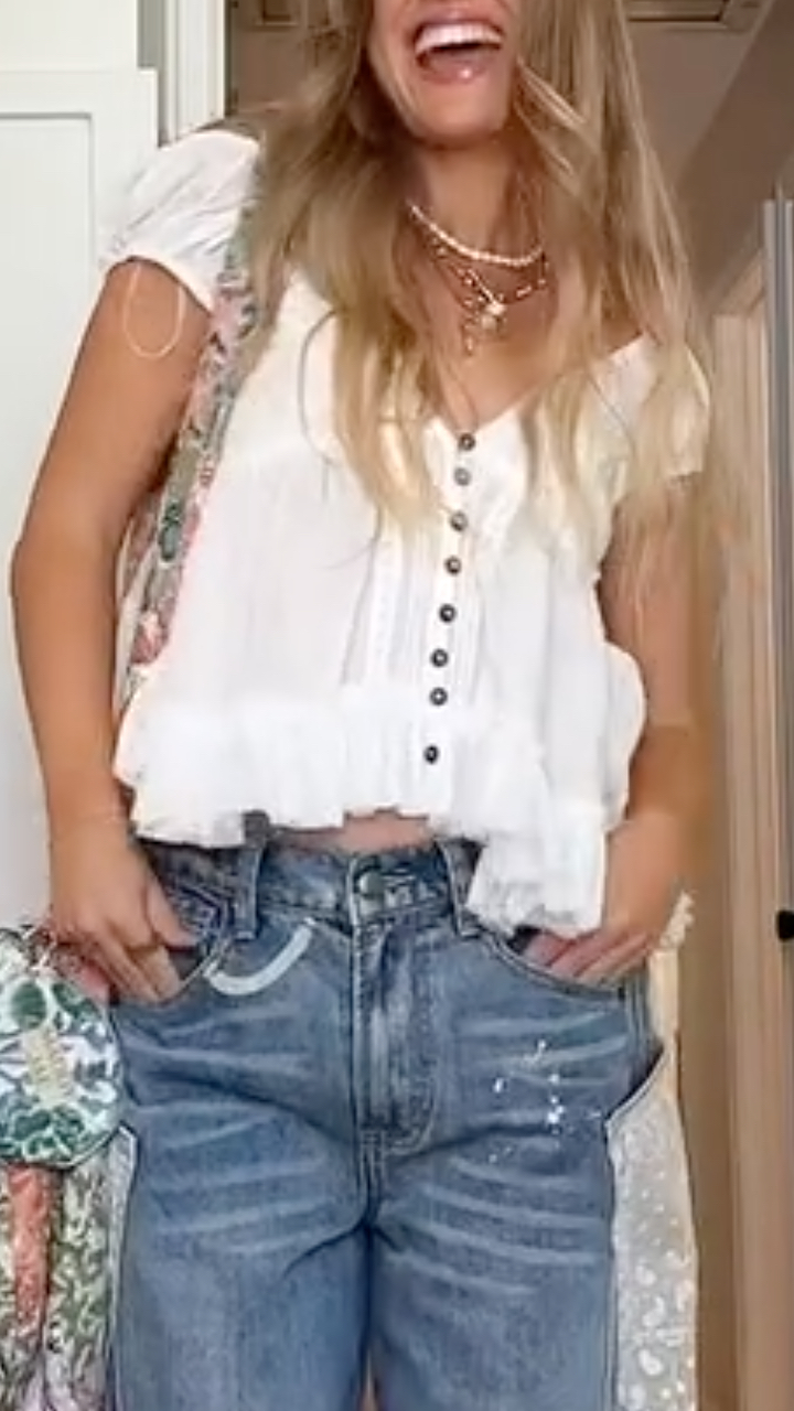 Short‐Sleeve Top & Distressed Patchwork Denim Jeans Co‐Ord Set