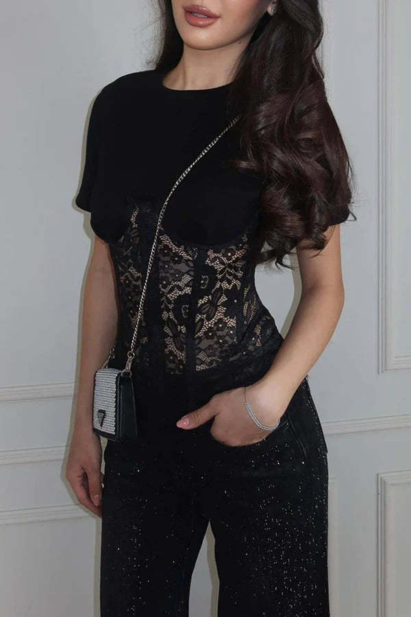 Lace Fishbone Short Sleeve Back Lace-up Waisted T-shirt