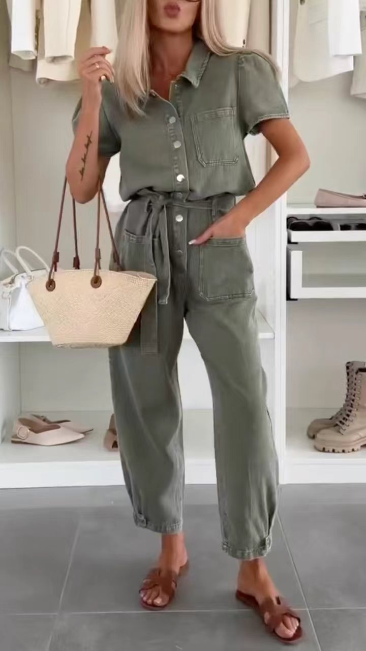 Women's Collared Denim Lace-Up Casual Jumpsuit