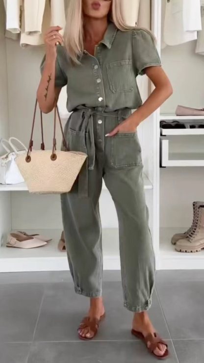 Women's Collared Denim Lace-Up Casual Jumpsuit