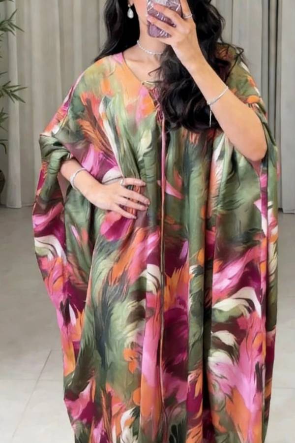 Unique Printed Loose V-Neck Kaftan Robe Maxi Dress