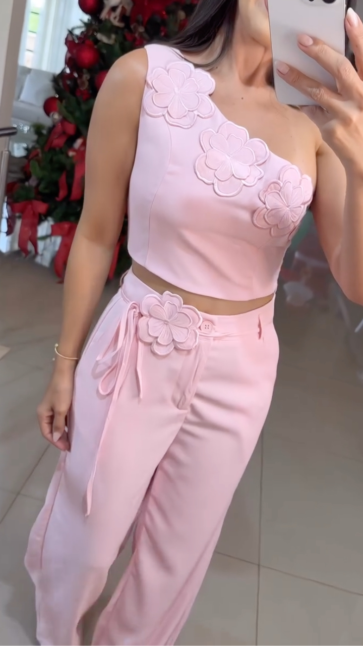 Women's 3D Floral One-Shoulder Cropped Tube Top + Wide-Leg Suit