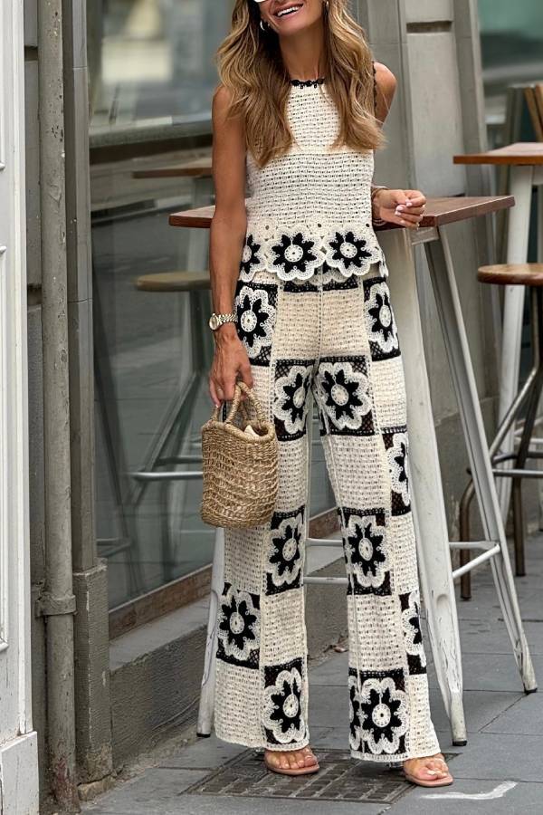 Black and White Crochet Knit Set