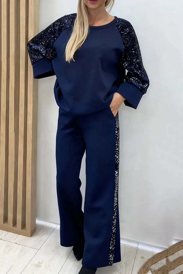 Stylish Sequined Loose-fitting Crew Neck Top and Casual Pocket Wide-leg Pants Set
