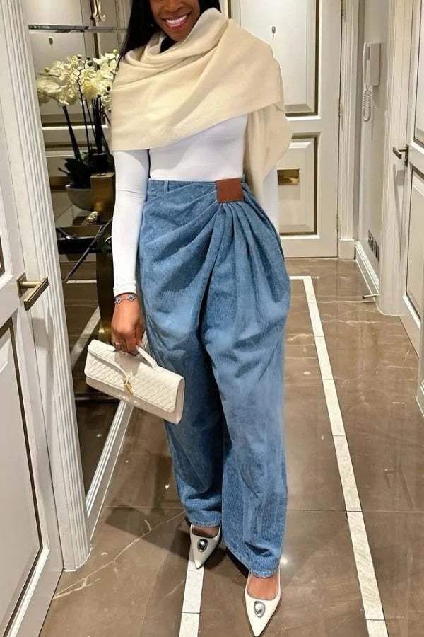 Stylish Pleated Casual Pocket Wide-leg Jeans