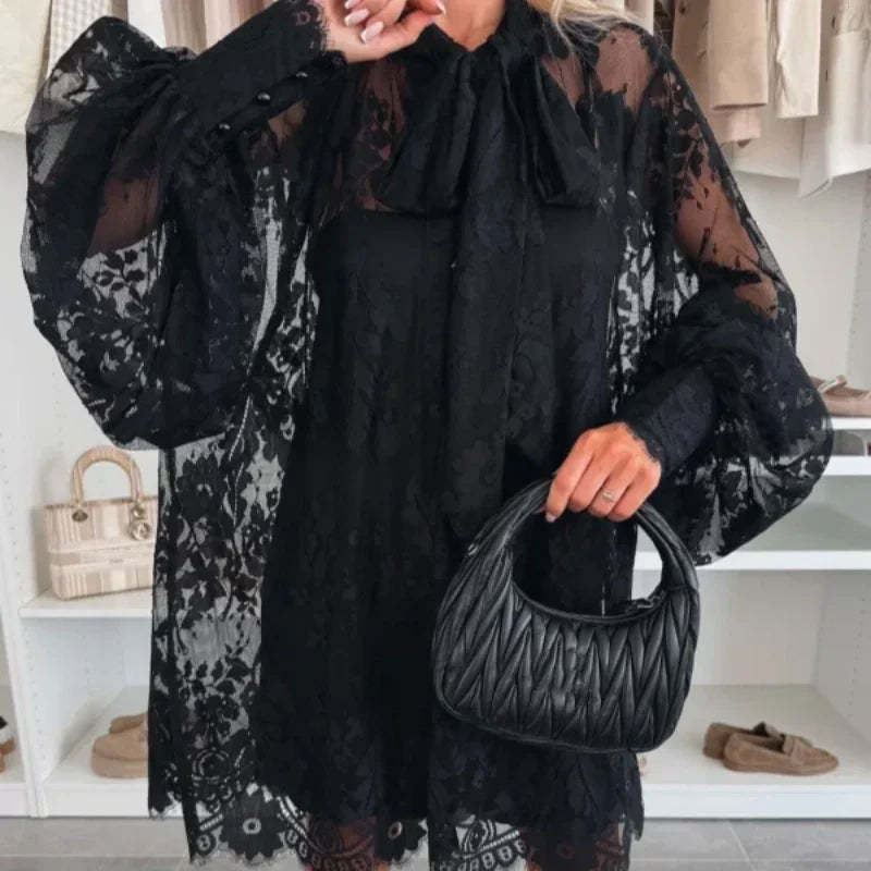 💖Limited Sale 50% OFF💖Lace Mini Dress with Bow Tie Neck