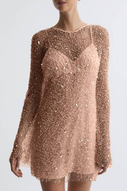 Sparkling Sequin Mesh Long-Sleeve Short Evening Dress