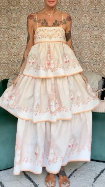 Apricot Vintage Printed Spaghetti Strap Tiered Ruffle Maxi Dress
