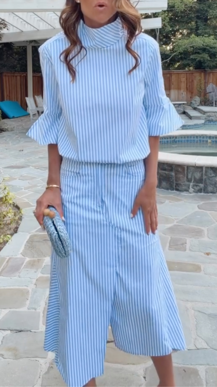 Blue Striped Turtleneck Flare Sleeve Irregular Midi Skirt Two Piece Outfit