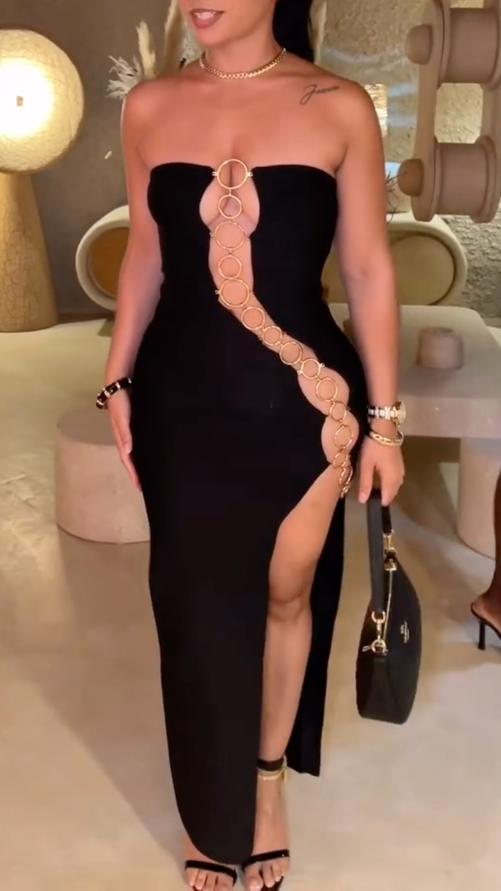Black Strapless Gold Chain Cutout Maxi Dress