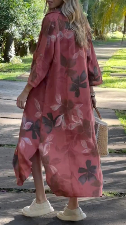 Rust Linen Tunic Dress & Kimono Cardigan Set
