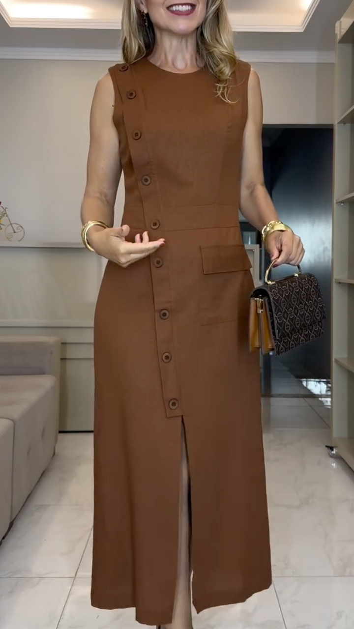 Brown Sleeveless Button‐Front Midi Dress
