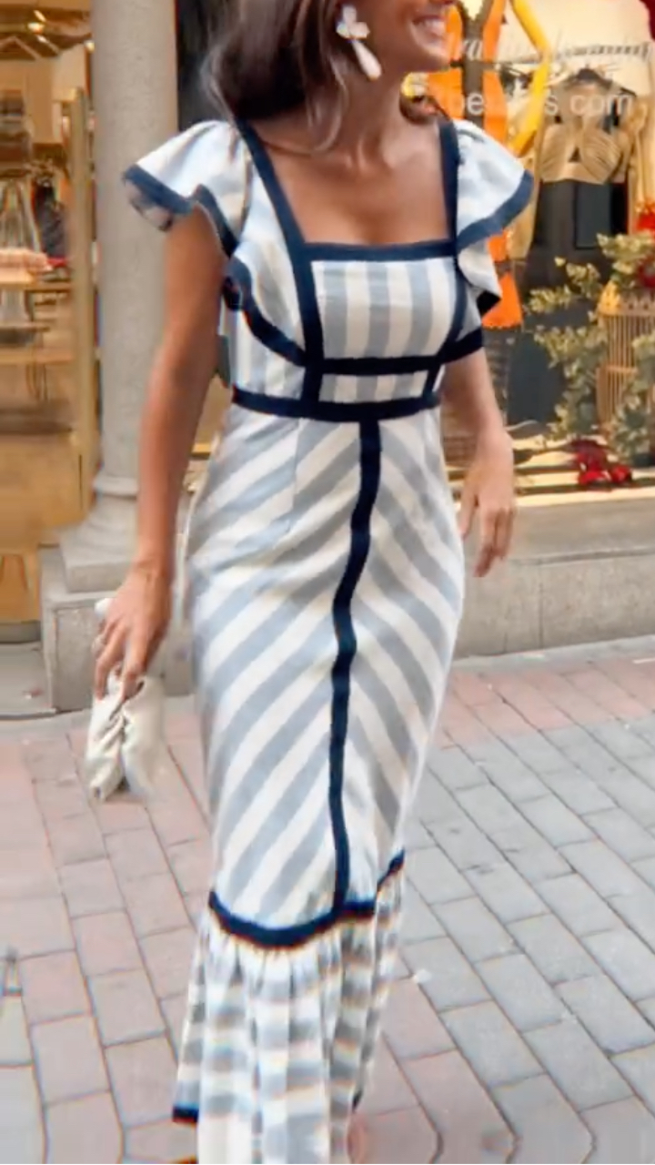 Women's Retro Striped Square Neck Flutter Sleeve Vacation-Style Dress