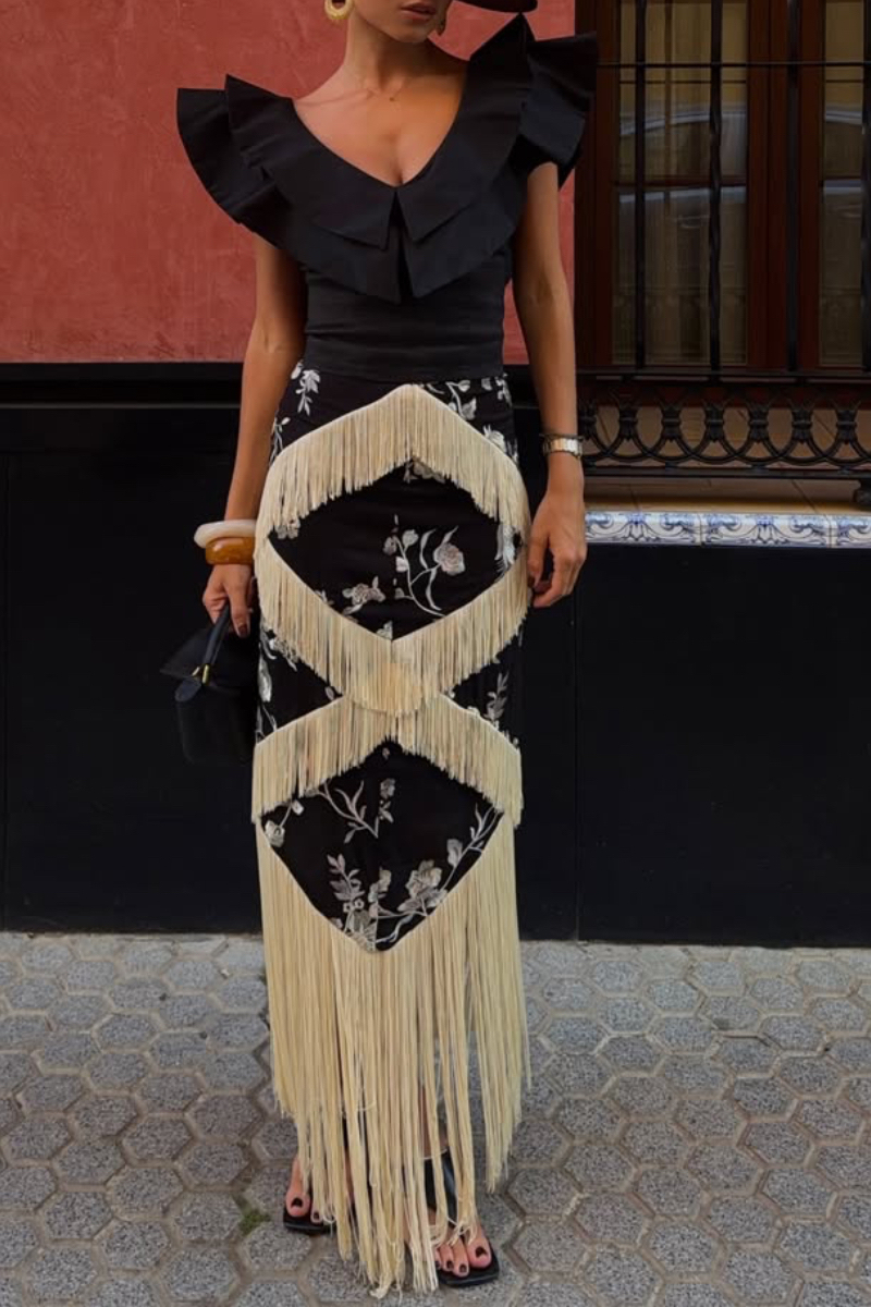Black Ruffled Fringe Floral Maxi Dress