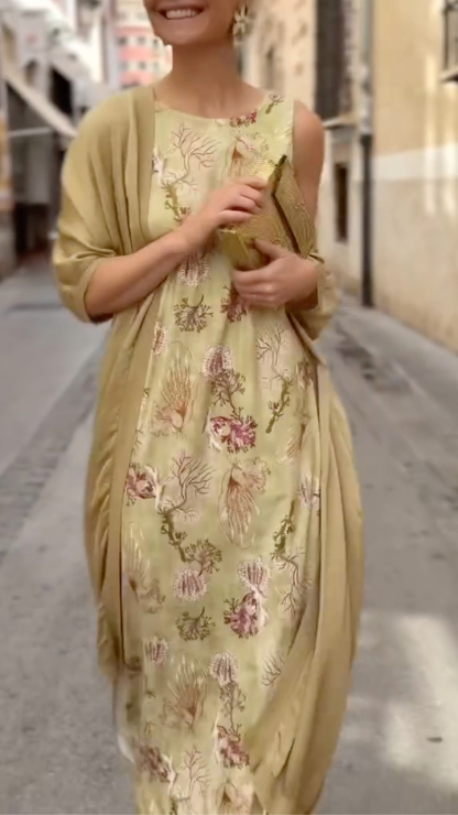 Women's Satin Long Cardigan & Printed Dress Set
