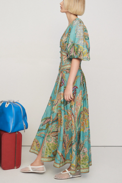 Retro V-neck Puff Sleeve Floral Print Midi Dress