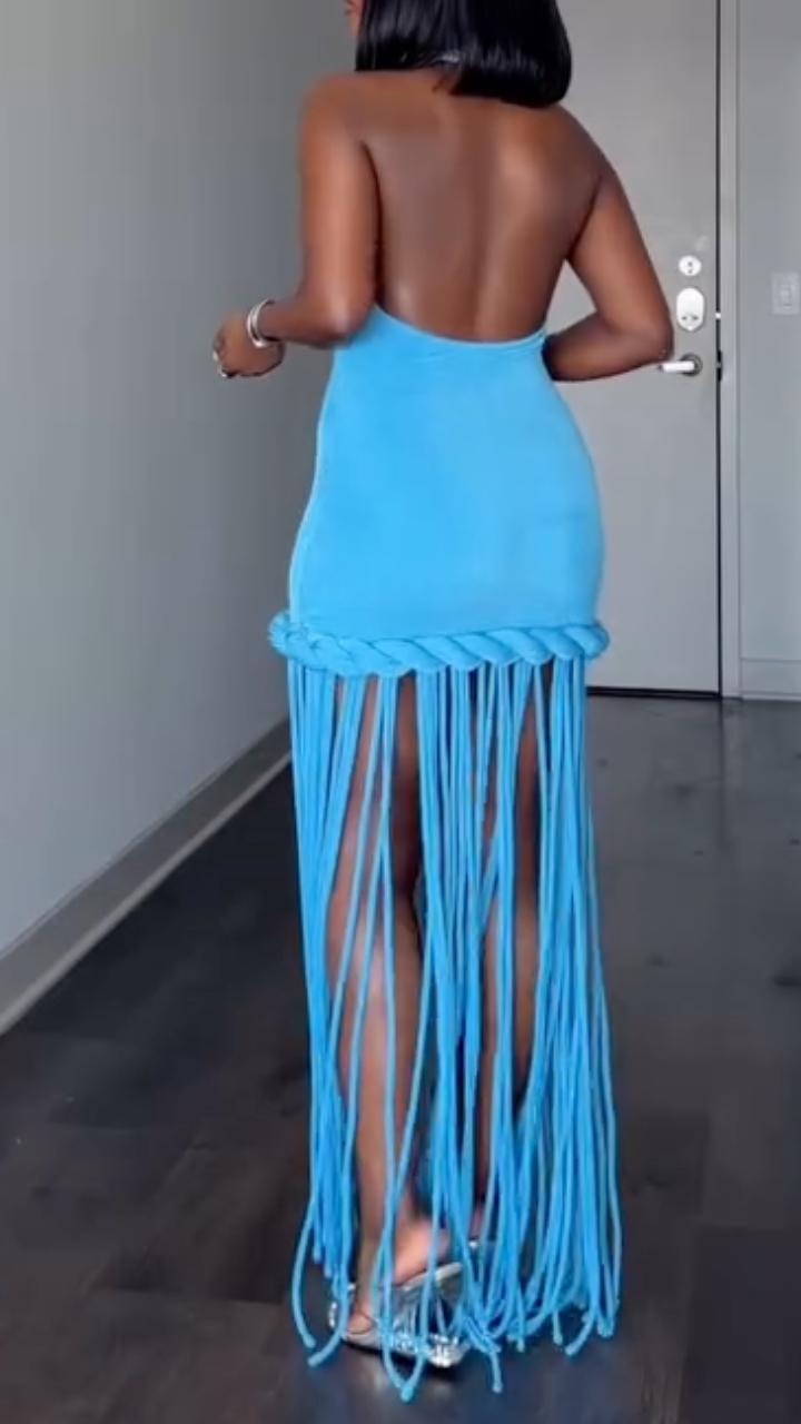 Blue Halter Neck Braided Fringe Maxi Dress