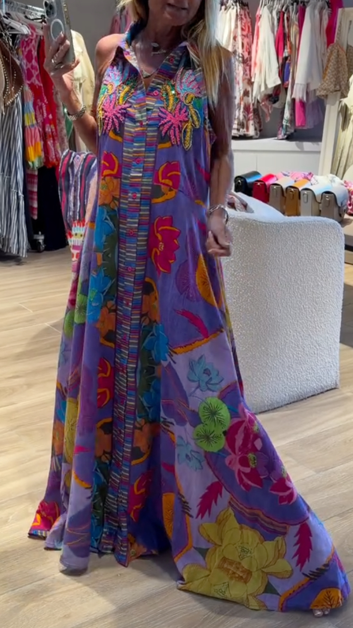 Purple Floral Print Sleeveless Maxi Shirt Dress