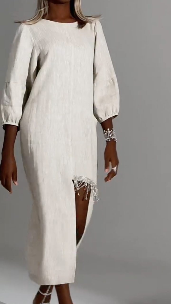 Beige Linen Fringe‐Slit Midi Dress