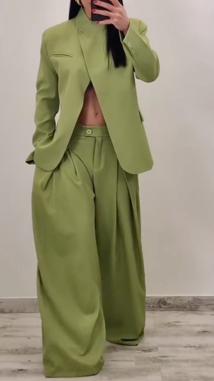 Women's Stand-Up Collar Slit Suit Casual Set