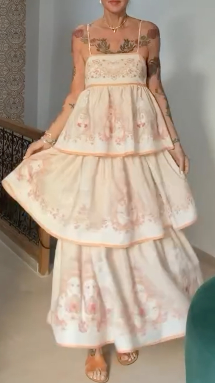 Apricot Vintage Printed Spaghetti Strap Tiered Ruffle Maxi Dress