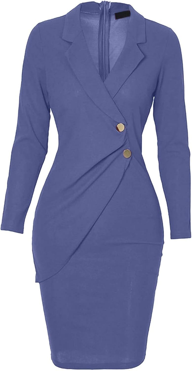 Women's Beachy Dresses for Woman Color Lapel Long Sleeve Button Back Zipper Business Dress Summer Dresses