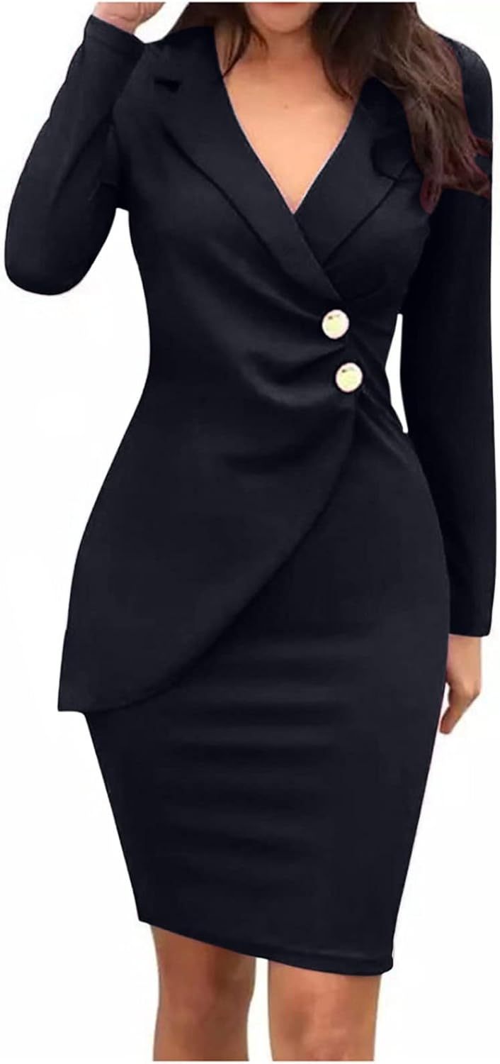 Women's Beachy Dresses for Woman Color Lapel Long Sleeve Button Back Zipper Business Dress Summer Dresses