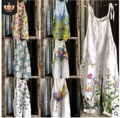 Women's Baggy Loose Leg Dungarees Women's Casual Loose Fit Overalls Print Overalls with Shoulder Knot