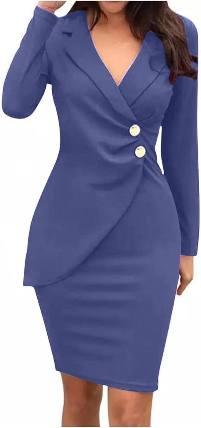 Women's Beachy Dresses for Woman Color Lapel Long Sleeve Button Back Zipper Business Dress Summer Dresses