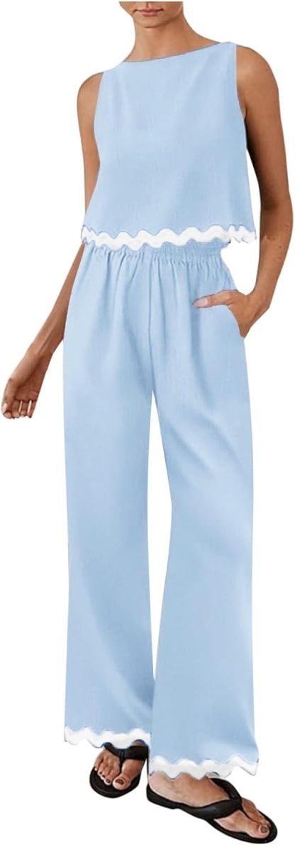 Matching Lounge Set Women Summer Plus Size Wide Leg Pants Sleeveless Lounge Set Stylish Comfy Jogger Loungewear Set