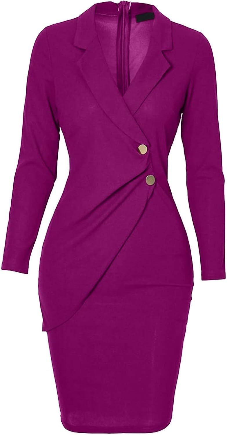 Women's Beachy Dresses for Woman Color Lapel Long Sleeve Button Back Zipper Business Dress Summer Dresses