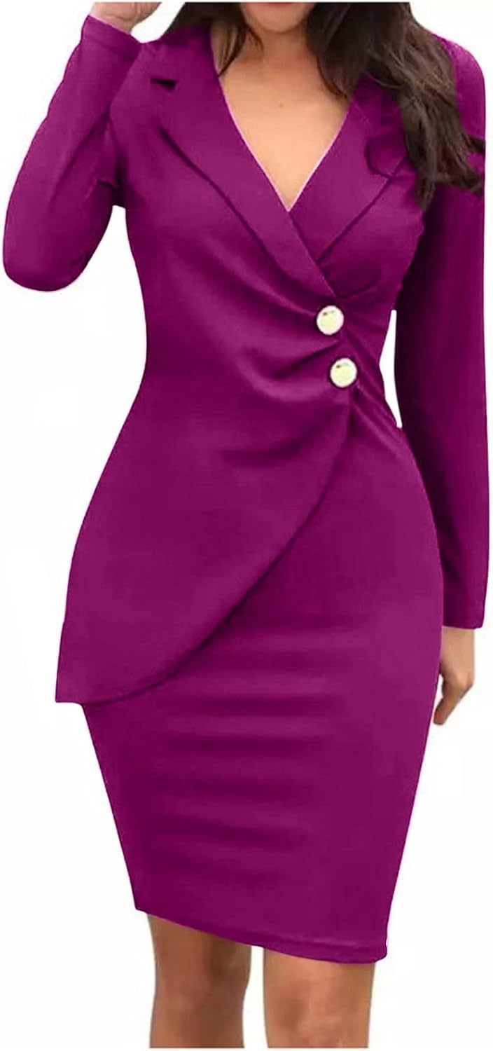 Women's Beachy Dresses for Woman Color Lapel Long Sleeve Button Back Zipper Business Dress Summer Dresses