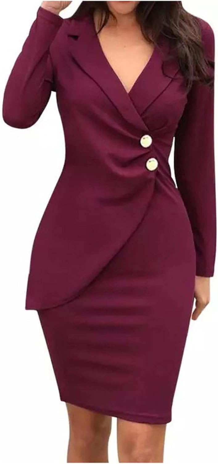 Women's Beachy Dresses for Woman Color Lapel Long Sleeve Button Back Zipper Business Dress Summer Dresses