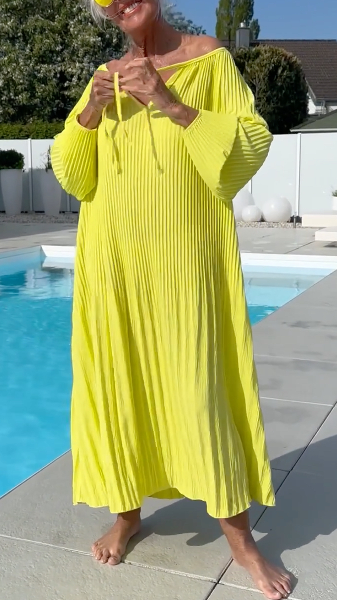 Bright Yellow Pleated Off‐Shoulder Midi Dress