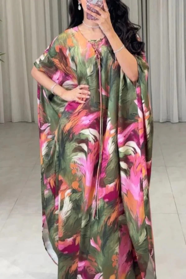 Unique Printed Loose V-Neck Kaftan Robe Maxi Dress