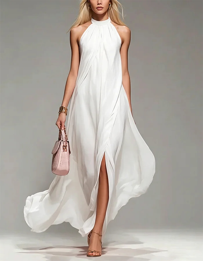 Halter Sleeveless Slit Chiffon Maxi Dress